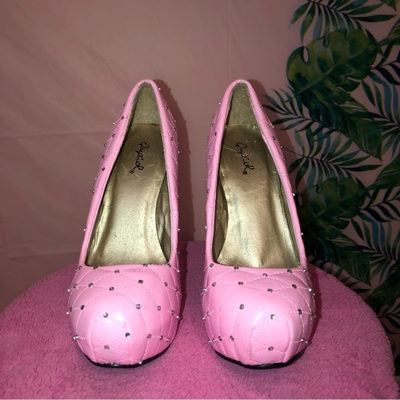 Qupid Shoes - Hand Painted & Hand Studded Pink Quilted Rhinestone Heels